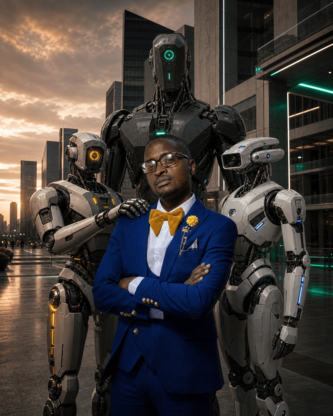 Lucas Semenya standing with the FRIDAY, ULTRON, and NOVA robot agents